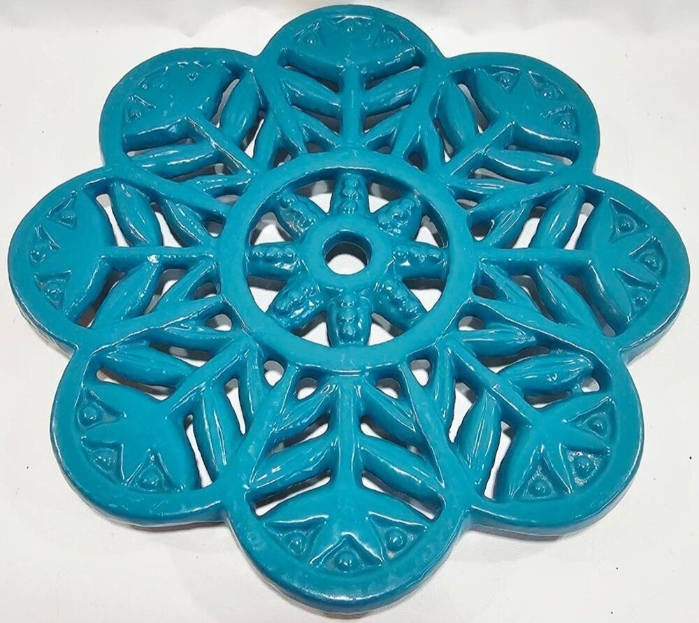 Enameled Cast Iron Footed Trivet Round 7 Inch Ornate Floral Design Turquoise